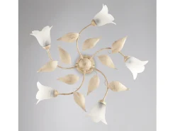Plafón-Olga - Lámpara de techo marfil con cristal alabastro y acabado oro antiguo, 5 luces Ø70 cm Dorado