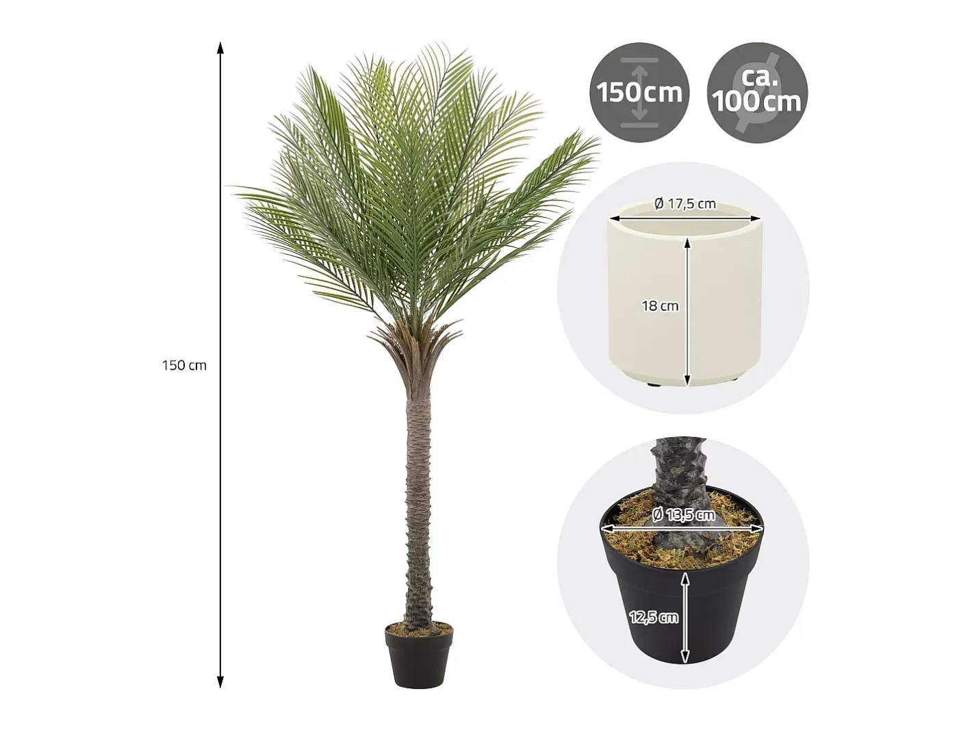 ML-DESIGN Palmera artificial de 150 cm, planta artificial grande, palmera tropical artificial, planta artificial, planta falsa decorativa Verde Outlet