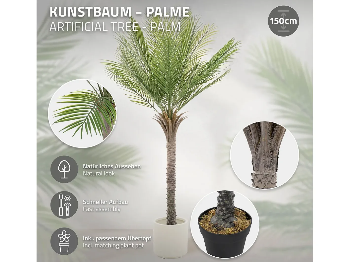 ML-DESIGN Palmera artificial de 150 cm, planta artificial grande, palmera tropical artificial, planta artificial, planta falsa decorativa Verde Outlet