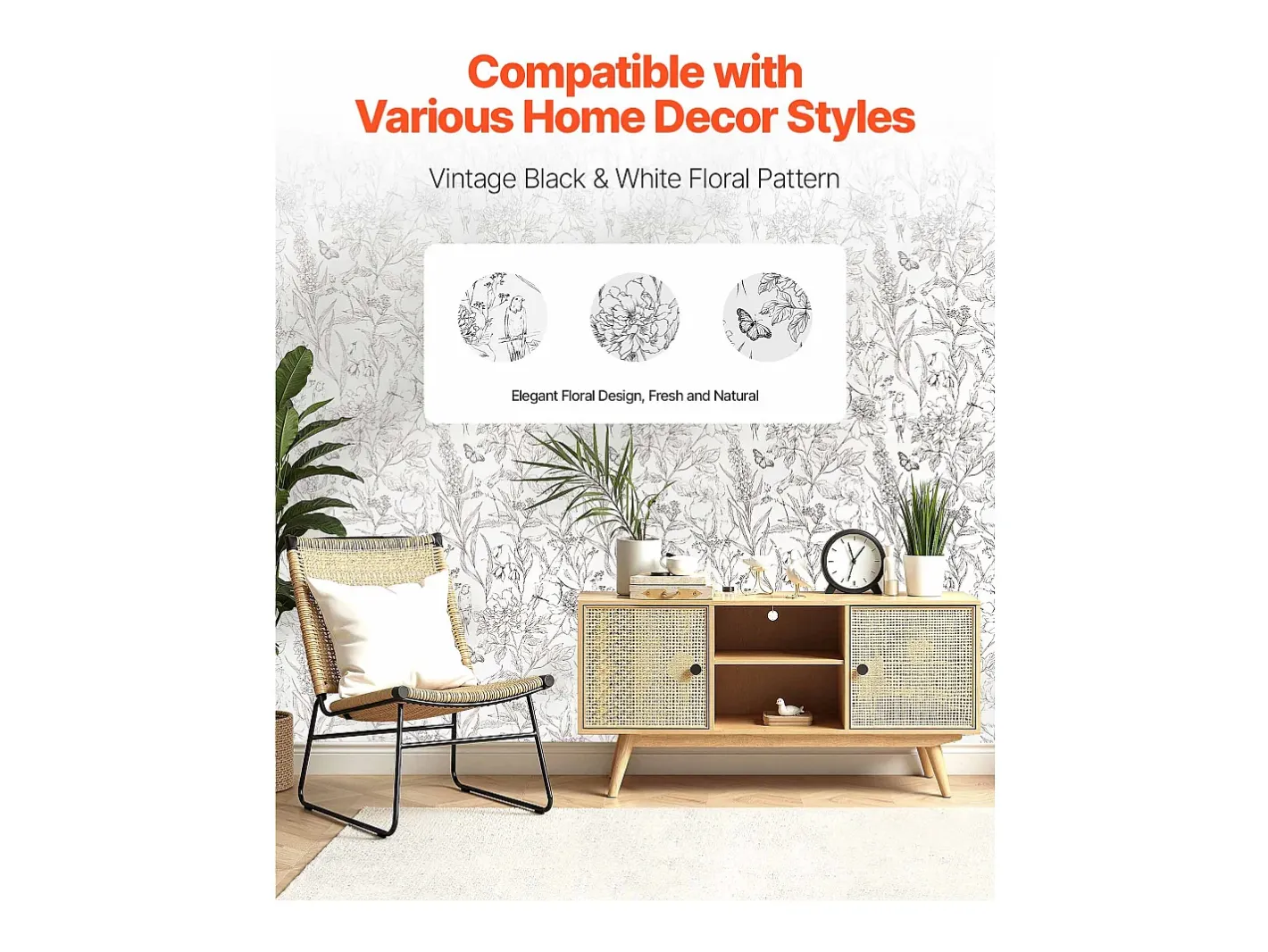 New Papel Pintado Adhesivo de Pared SucceBuy, 45 cm x 10 m, Rollo Papel Pintado Autoadhesivo Vinilo, Motif Floral Botánico , Impermeable Blanco