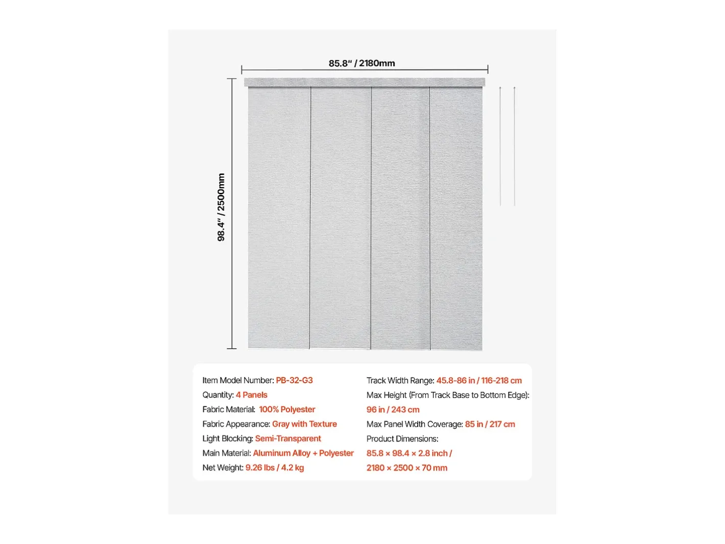 Ropa De Casa-Persiana de Paneles SucceBuy con Riel Extensible, 116-218 cm de Ancho, Panel Japonés Vertical Ajustable hasta 243 cm de Altura, Gris