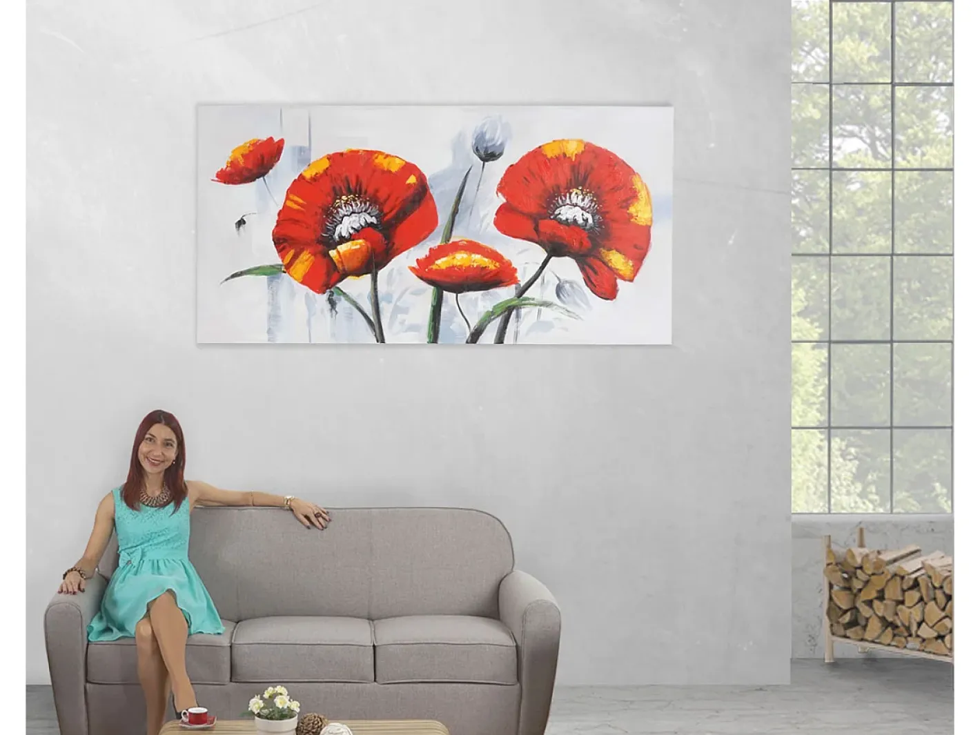MCW Pintura al óleo Amapola roja pintada a mano Multicolor