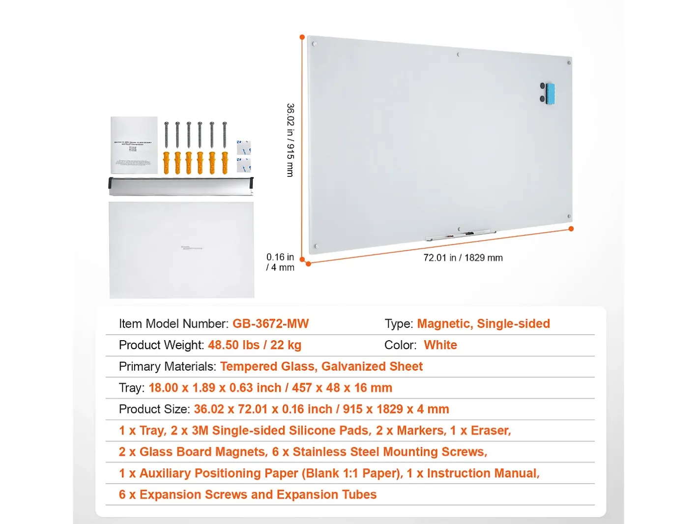 Póster-Pizarra Magnética de Cristal SucceBuy, 182,9x91,5 cm, Borrado en Seco Sin Marco Blanco