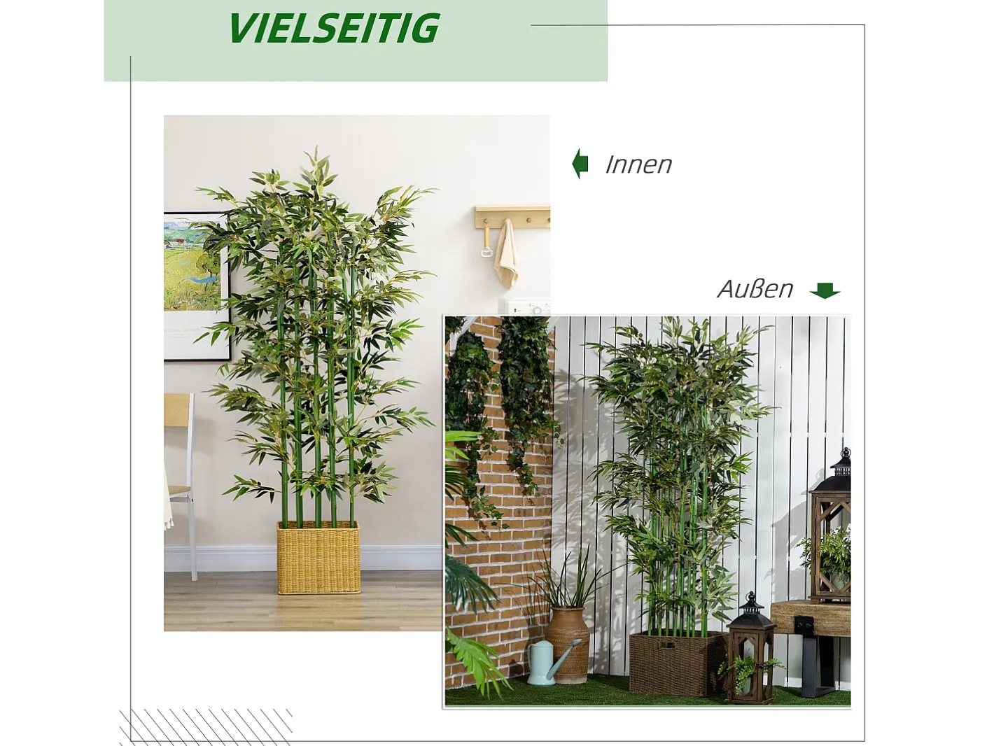Clearance Planta de bambú artificial, 180 cm, en maceta de madera de pino, para interior y exterior, decorativa, (35 x 35 x 180 cm) Verde