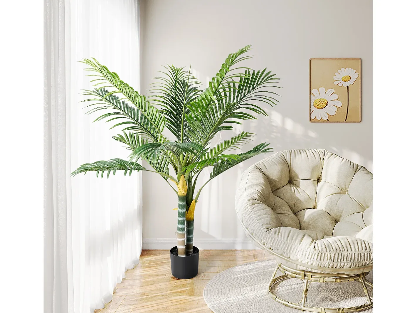 Outlet DripeX Planta artificial - palma en maceta H 120 cm - palma muy realista - 2 troncal y 15 sábanas - con maceta Verde