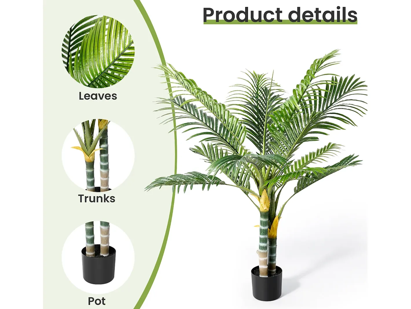 Outlet DripeX Planta artificial - palma en maceta H 120 cm - palma muy realista - 2 troncal y 15 sábanas - con maceta Verde