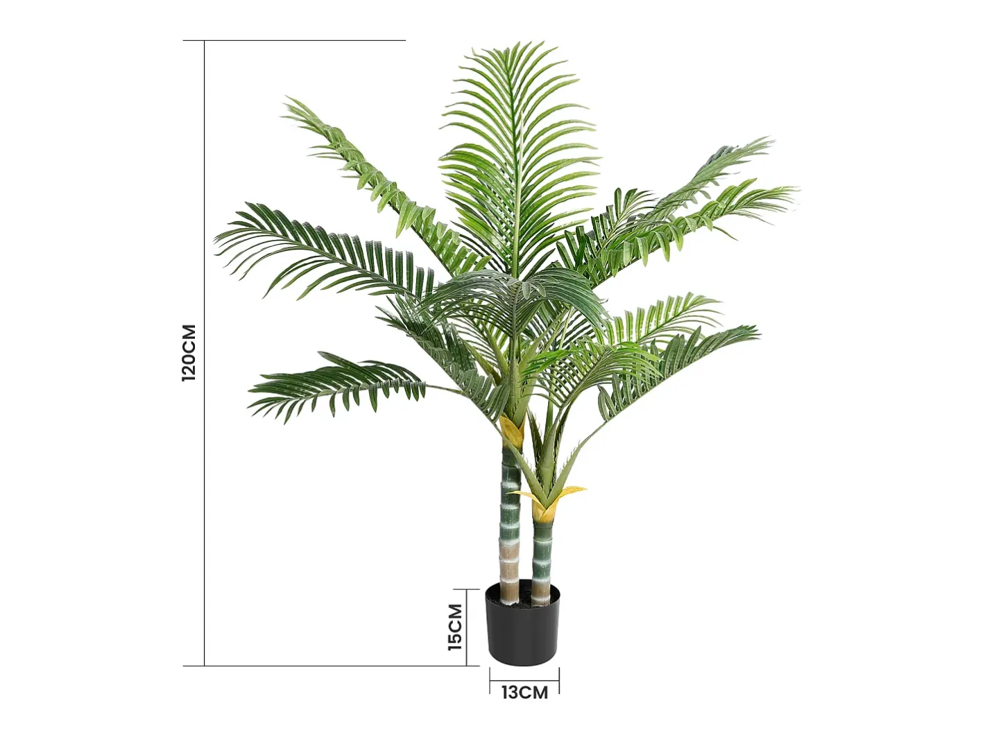 Outlet DripeX Planta artificial - palma en maceta H 120 cm - palma muy realista - 2 troncal y 15 sábanas - con maceta Verde