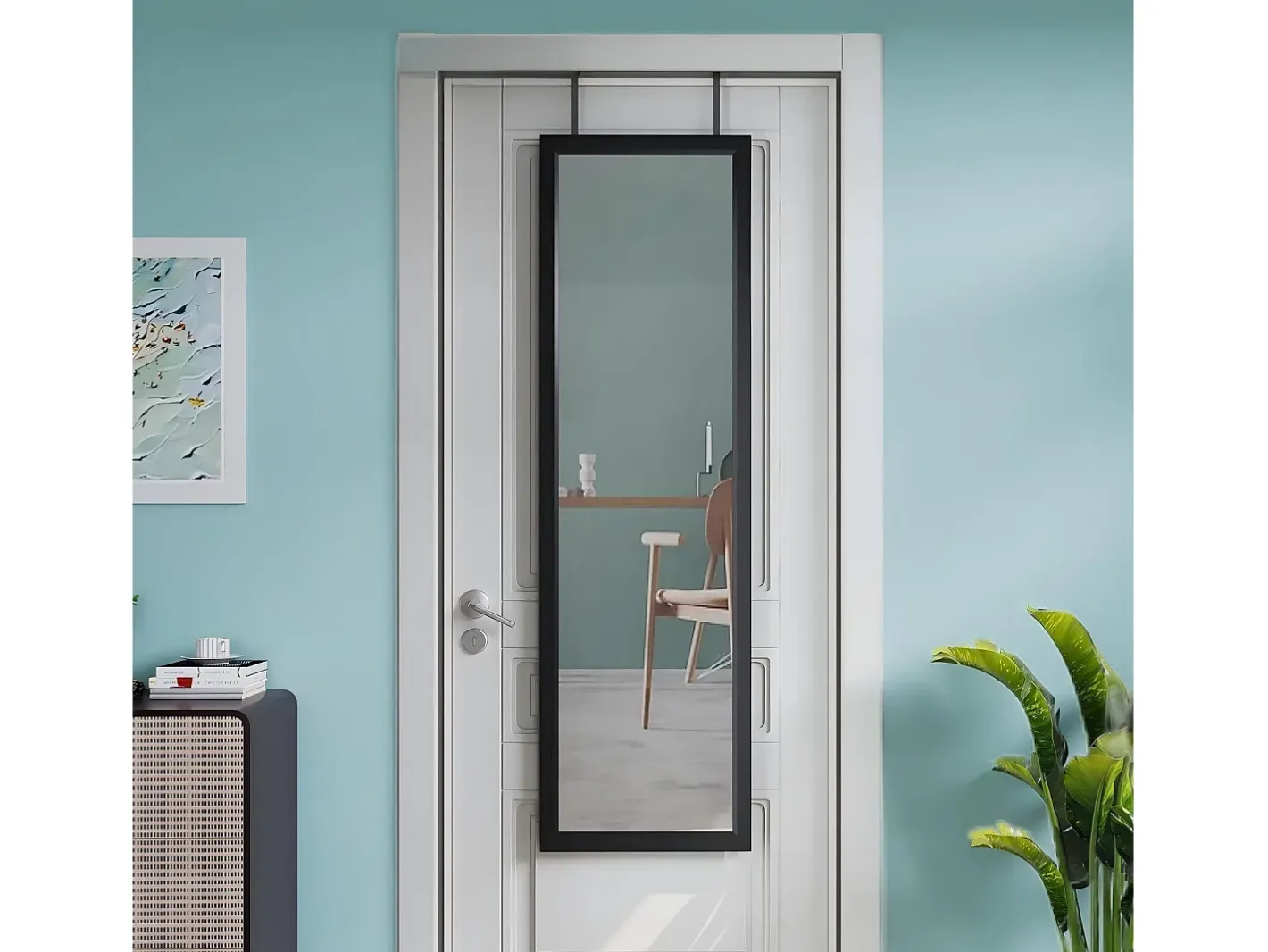 DripeX Espejo De Pared|Espejo-Puerta de la pared colgante de espejo 110x33cm, longitud del espejo completo en vidrio templado con 2 ganchos de suspensión para puerta, altura ajustable - Negro