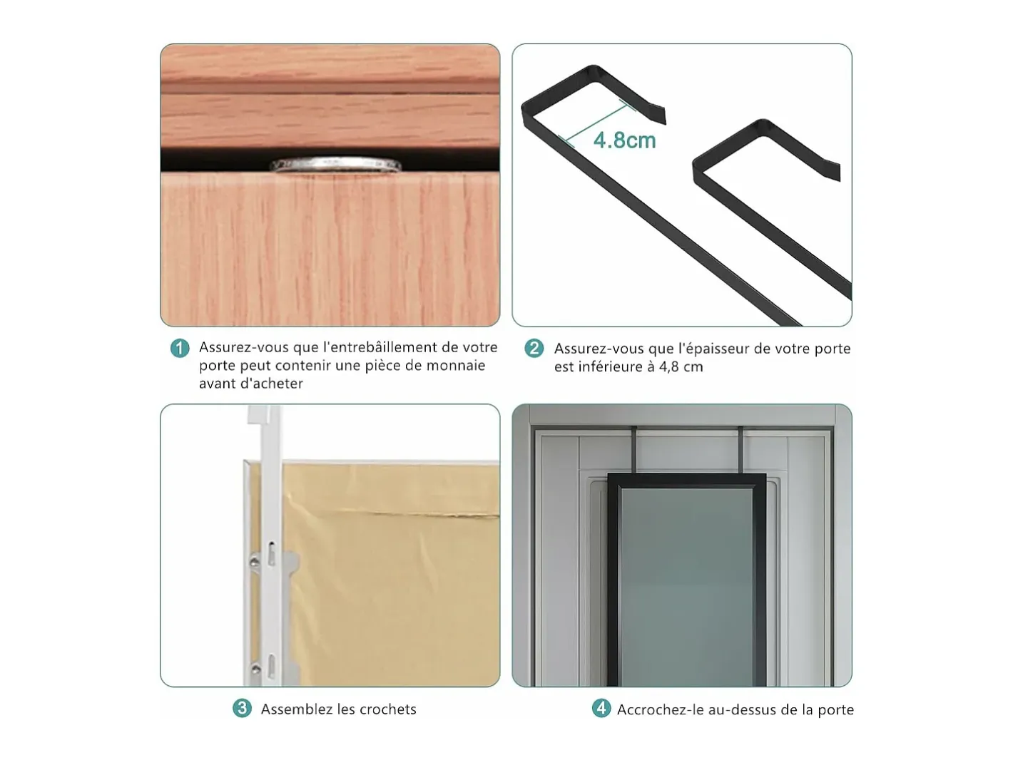 DripeX Espejo De Pared|Espejo-Puerta de la pared colgante de espejo 110x33cm, longitud del espejo completo en vidrio templado con 2 ganchos de suspensión para puerta, altura ajustable - Negro
