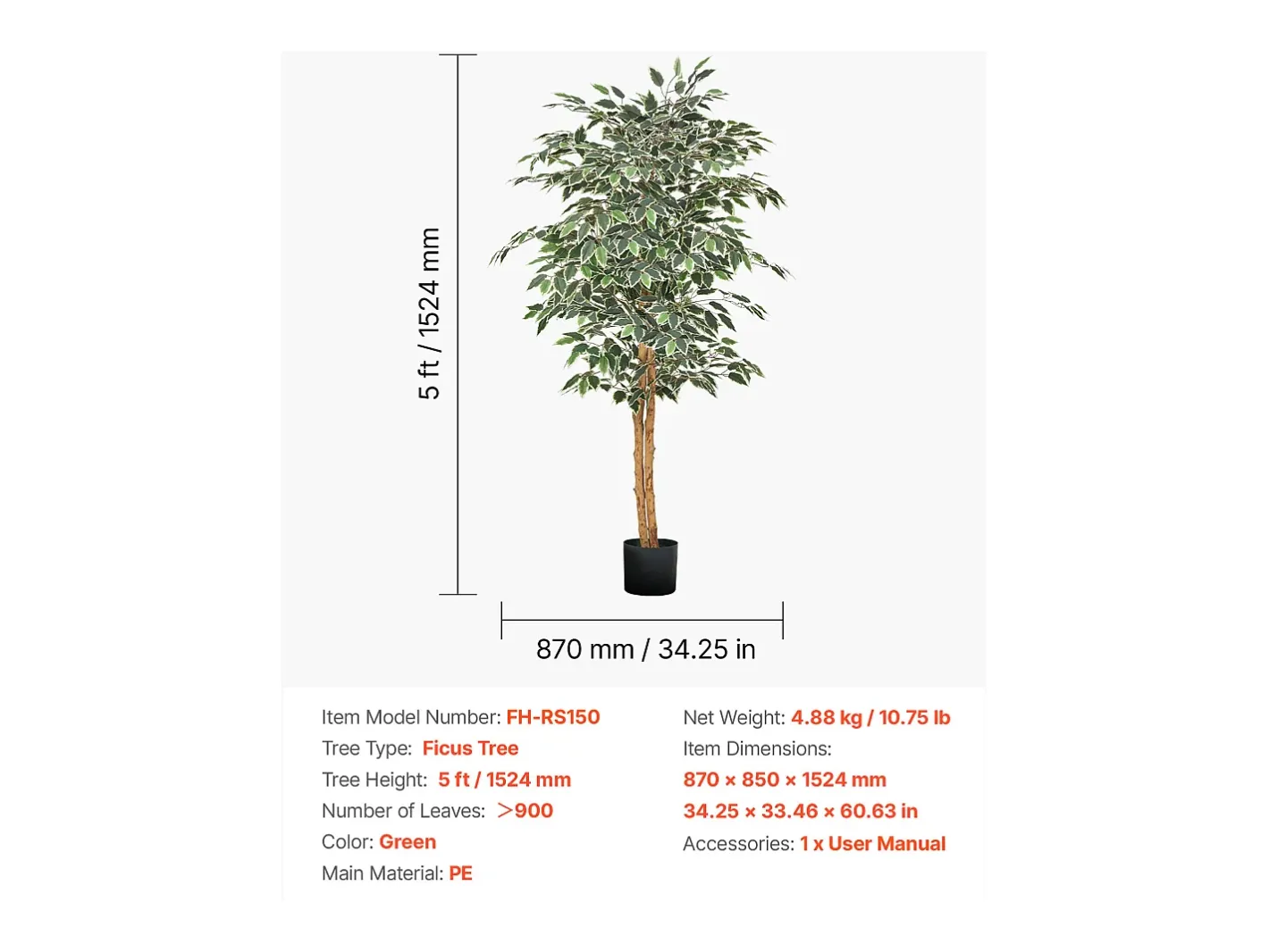 Sale Árboles Artificiales SucceBuy Árbol Artificial de 150 cm, Planta Decorativa de PE con Maceta Negra, Tronco y Follaje Realistas, Ficus Artificial para Oficina Verde