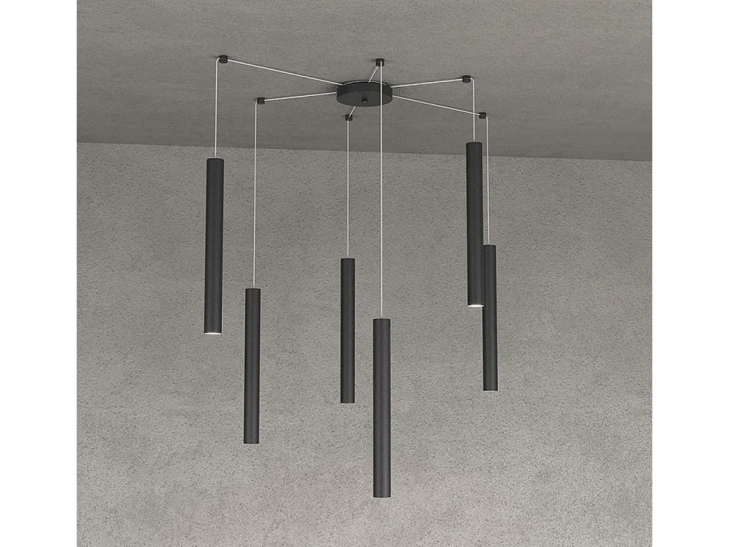 Round Tube Sospensione 6 Luci Nero Cavo Cm.250 Con Base Negro