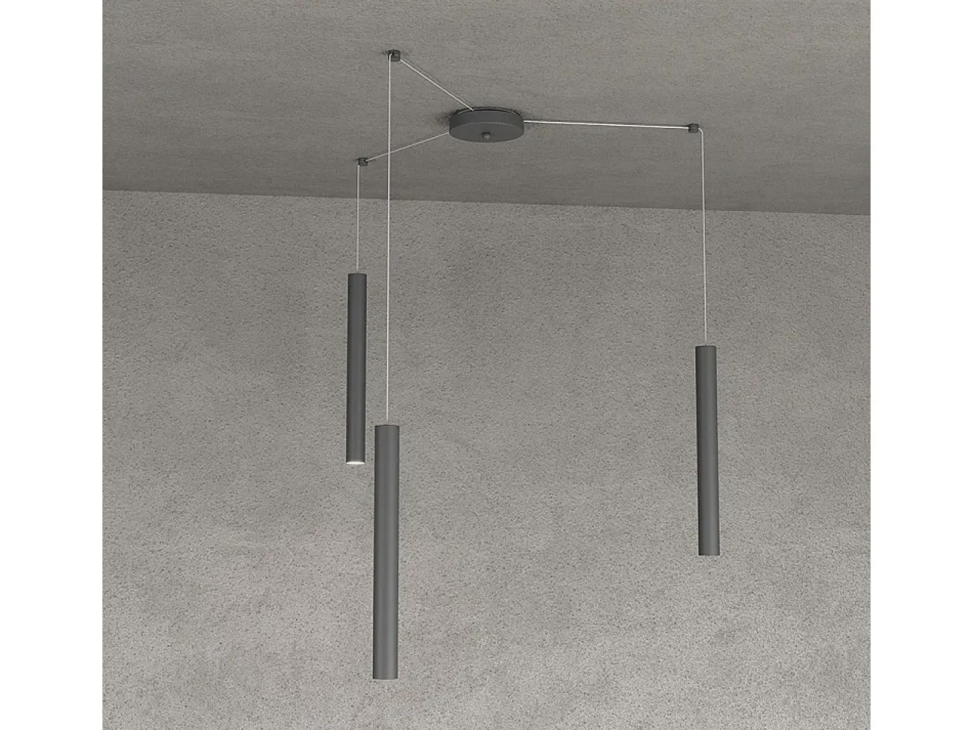 Outlet Round Tube Sospensione 3 Luci Grigio Antracite Cavo Cm.250 Con Base Gris