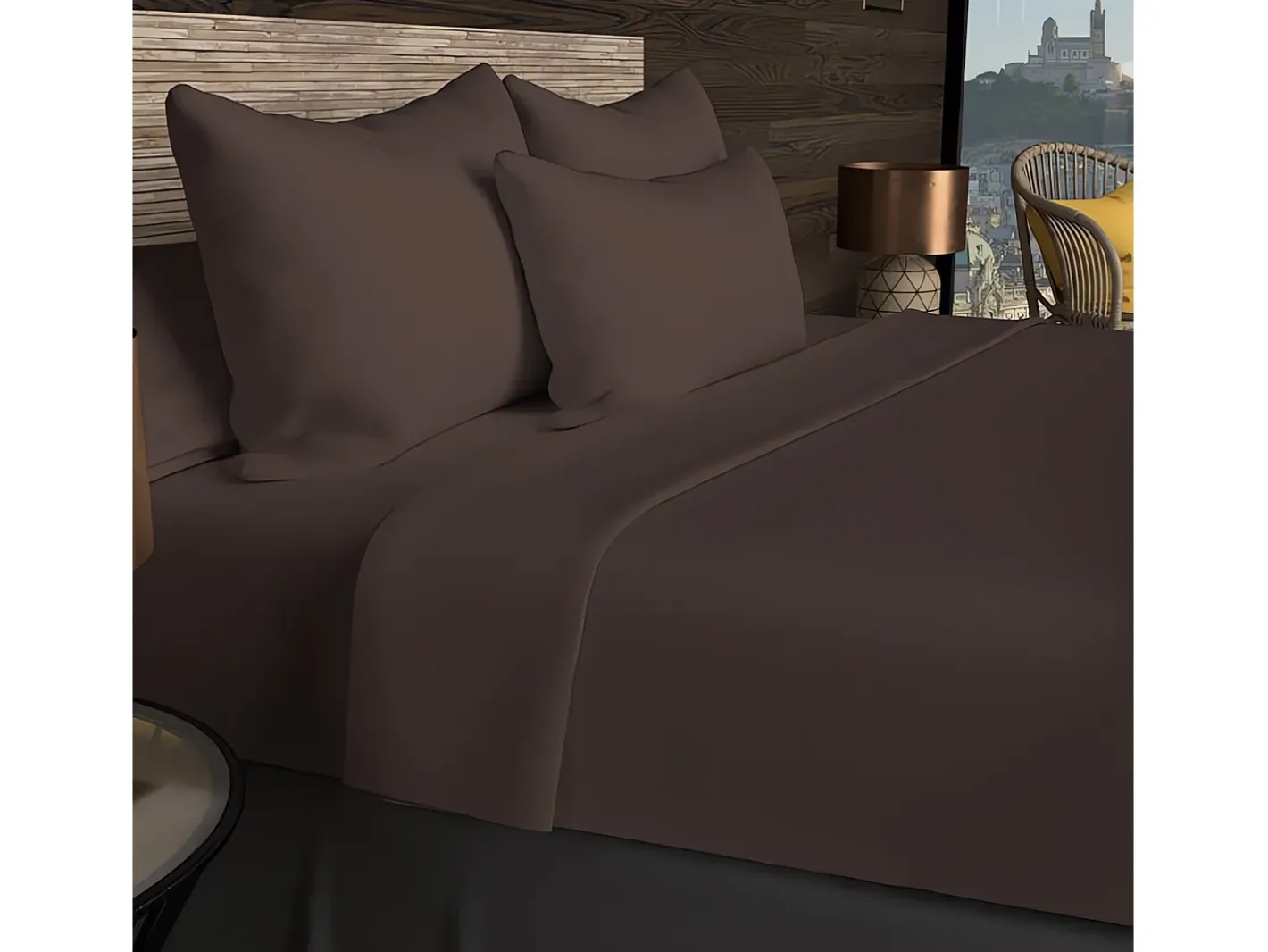 Soleil d'ocre Sábana de algodón 57 hilos 240x290 cm LISO castaño Marru00f3n