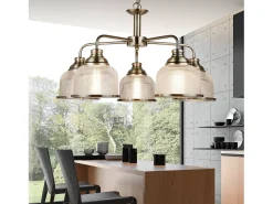 Lámpara Suspendida-Searchlight Bistro 5 Ljus Multi Arm Ceiling Pendel Vit, Antik Mssing, E27 Camel
