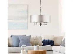 Lámpara Suspendida-Searchlight KNIGHTSBRIDGE Satin Silver Takhnge 5 Ljus med Silver Faux Silk Shade Plateado