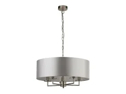 Lámpara Suspendida-Searchlight KNIGHTSBRIDGE Satin Silver Takhnge 5 Ljus med Silver Faux Silk Shade Plateado