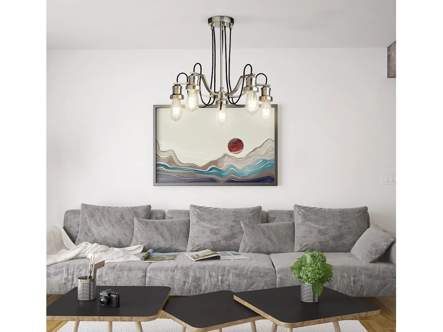 Searchlight Olivia5 ljust tak, svart flätad tygkabel, satin silver Plateado Hot