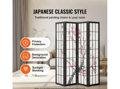 Online Separador de Ambientes SucceBuy, Separador de Ambientes Japonés con 4 Paneles con Motivos de Flores de Cerezo, de Madera, Gira 360°, para Separar Habitaciones Negro