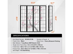 Online Separador de Ambientes SucceBuy, Separador de Ambientes Japonés con 4 Paneles con Motivos de Flores de Cerezo, de Madera, Gira 360°, para Separar Habitaciones Negro