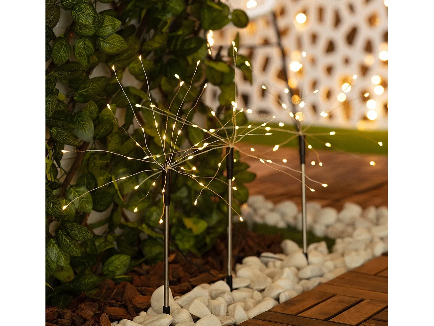 Ledkia Guirnalda Luminosa-Set de 3 Pinchos LED Exterior Solar Diente de Leon 3000K Blanco Cálido Negro