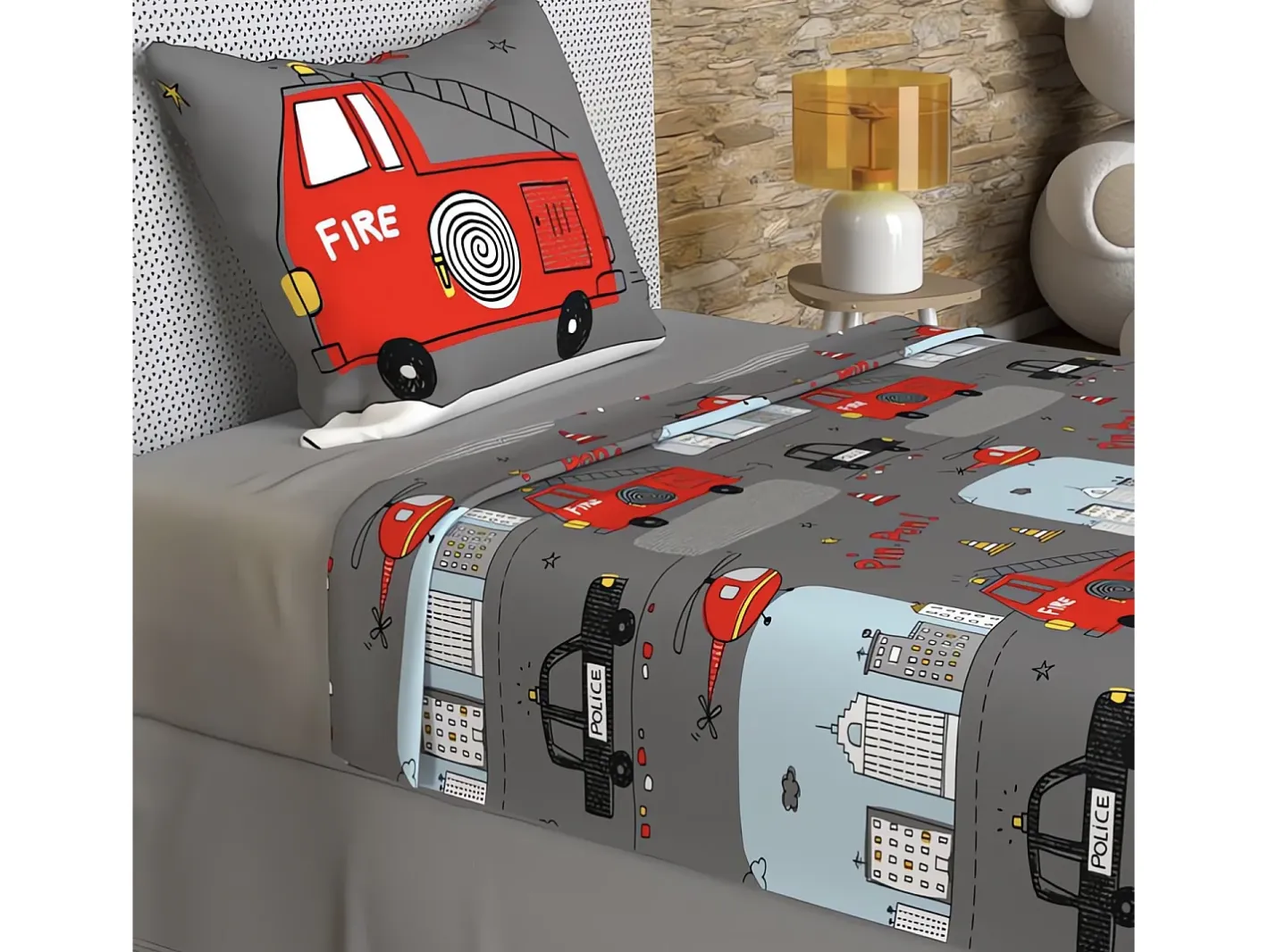 Soleil d'ocre Set de sábanas 180x290 cm BOMBEROS , 100% algodón 57 hilos/cm2 Gris Hot