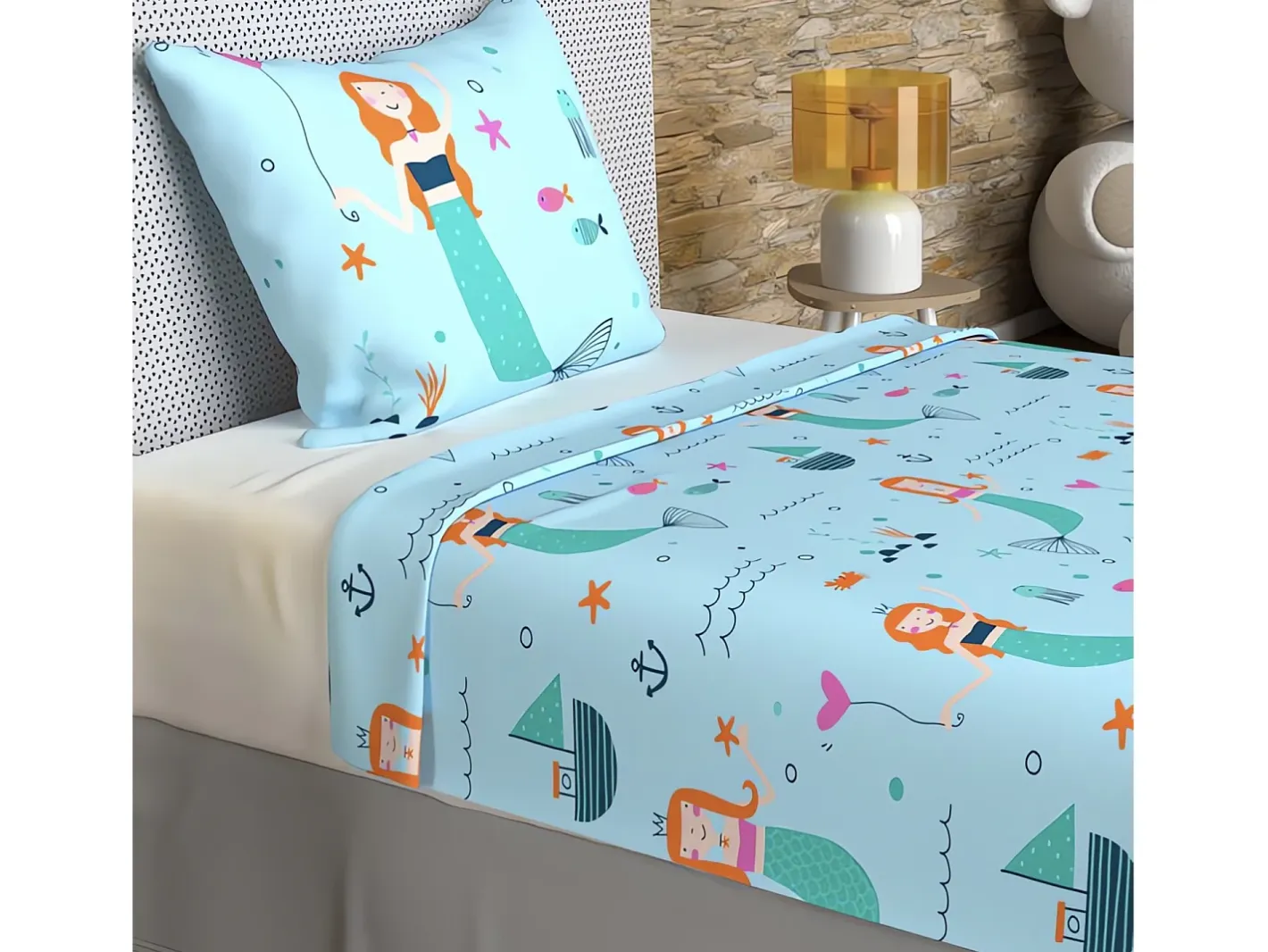 Soleil d'ocre Ropa De Cama-Set de sábanas 180x290 cm SIRENES , 100% algodón 57 hilos/cm2 Azul