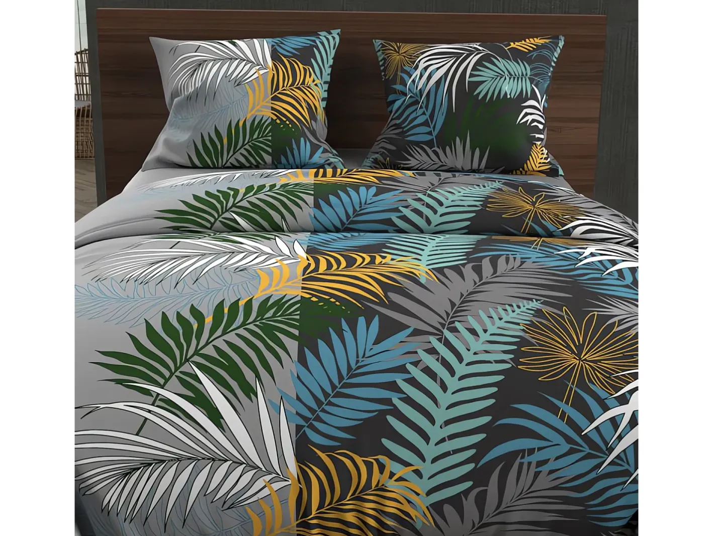 Best Soleil d'ocre Set funda nórdica de algodón 57 hilos 240x220 cm JUNGLE blue Gris