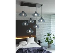 Sosp. Cromo 7 Luci Rettangolare Vetri (4 X Piccolo + 3 X Grande) Tutti Zaffiro Plateado Hot