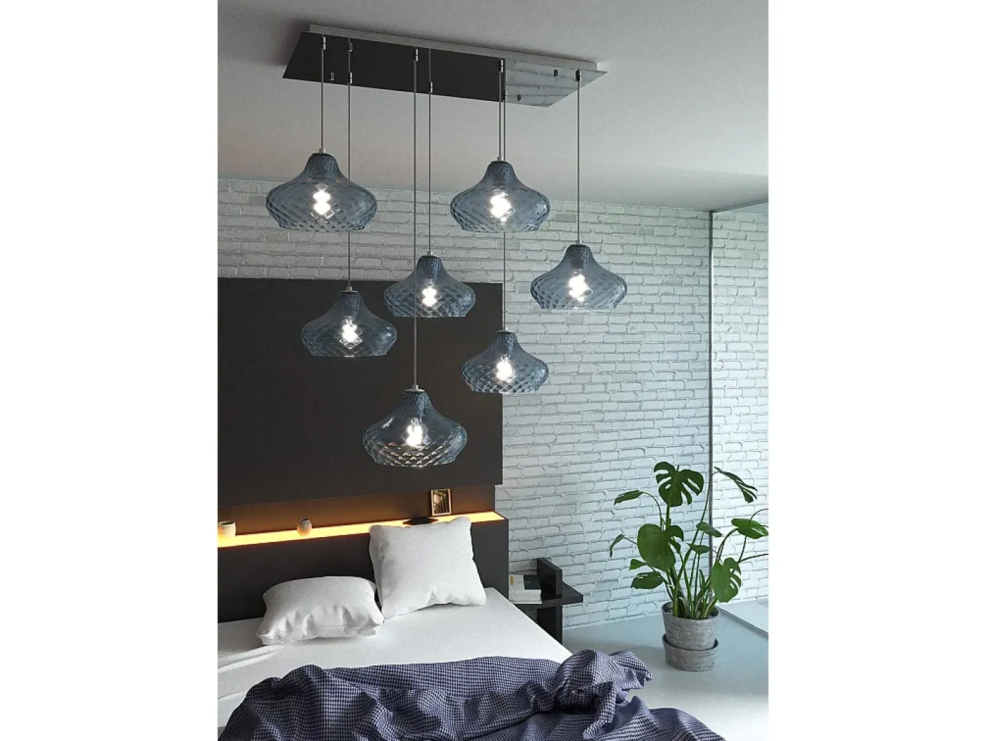 Sosp. Cromo 7 Luci Rettangolare Vetri (4 X Piccolo + 3 X Grande) Tutti Zaffiro Plateado Hot