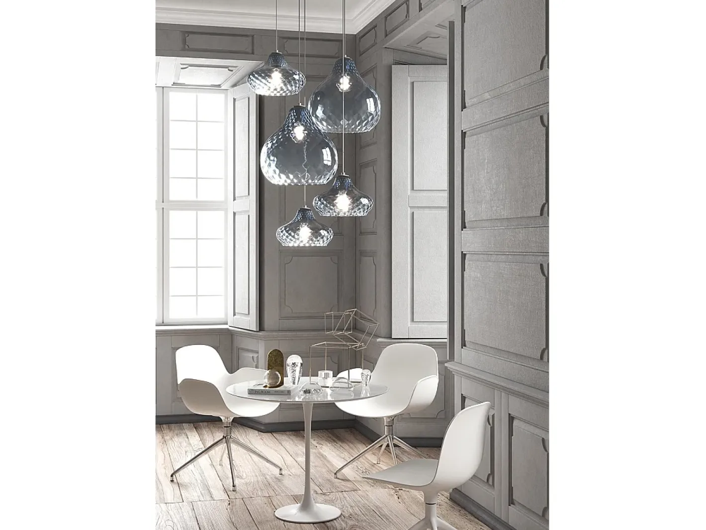 Lámpara Suspendida-Sosp. Cromo 5 Luci Tonda Vetri (3 X Piccolo + 2 X Grande) Tutti Zaffiro Plateado