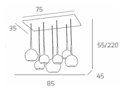 Hot Sosp. Cromo Rettangolare 7 Luci Vetri (1 Grande Tr+1 Medio Am+1 Medio Tr +4 Piccolo (3 X Am+1 X Tr)) Plateado
