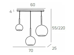 Lámpara Suspendida-Sosp. Cromo Rettangolare 3 Luci Vetri (Grande Am + Medio Tr + Piccolo Am) Plateado