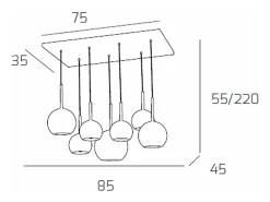 Lámpara Suspendida-Sosp. Cromo Rettangolare 7 Luci Vetri (1 Grande+2 Medio +4 Piccolo) Tutti Oro Dorado