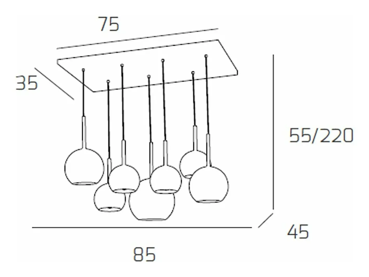 Lámpara Suspendida-Sosp. Cromo Rettangolare 7 Luci Vetri (1 Grande+2 Medio +4 Piccolo) Tutti Oro Dorado
