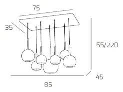 Lámpara Suspendida-Sosp. Cromo Rettangolare 7 Luci Vetri (1 Grande+2 Medio +4 Piccolo) Tutti Ambra Plateado