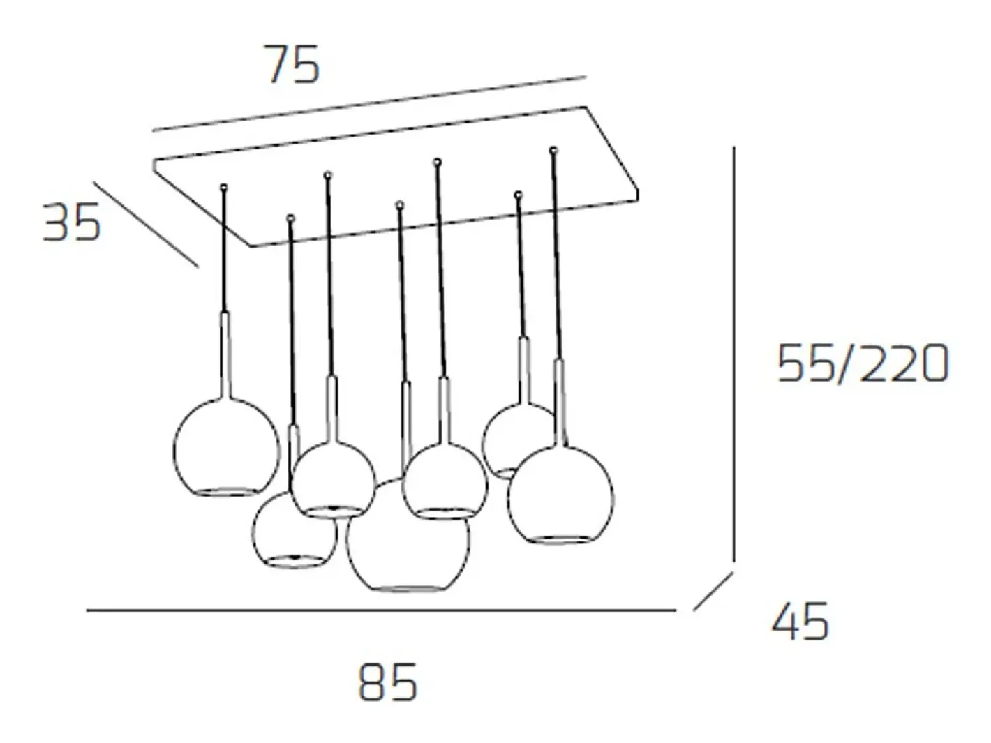 Lámpara Suspendida-Sosp. Cromo Rettangolare 7 Luci Vetri (1 Grande+2 Medio +4 Piccolo) Tutti Ambra Plateado