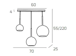 Sosp. Cromo Rettangolare 3 Luci Vetri (1 X Grande+ 1 X Medio+ 1 X Piccolo)Tutti Ambra Plateado Outlet