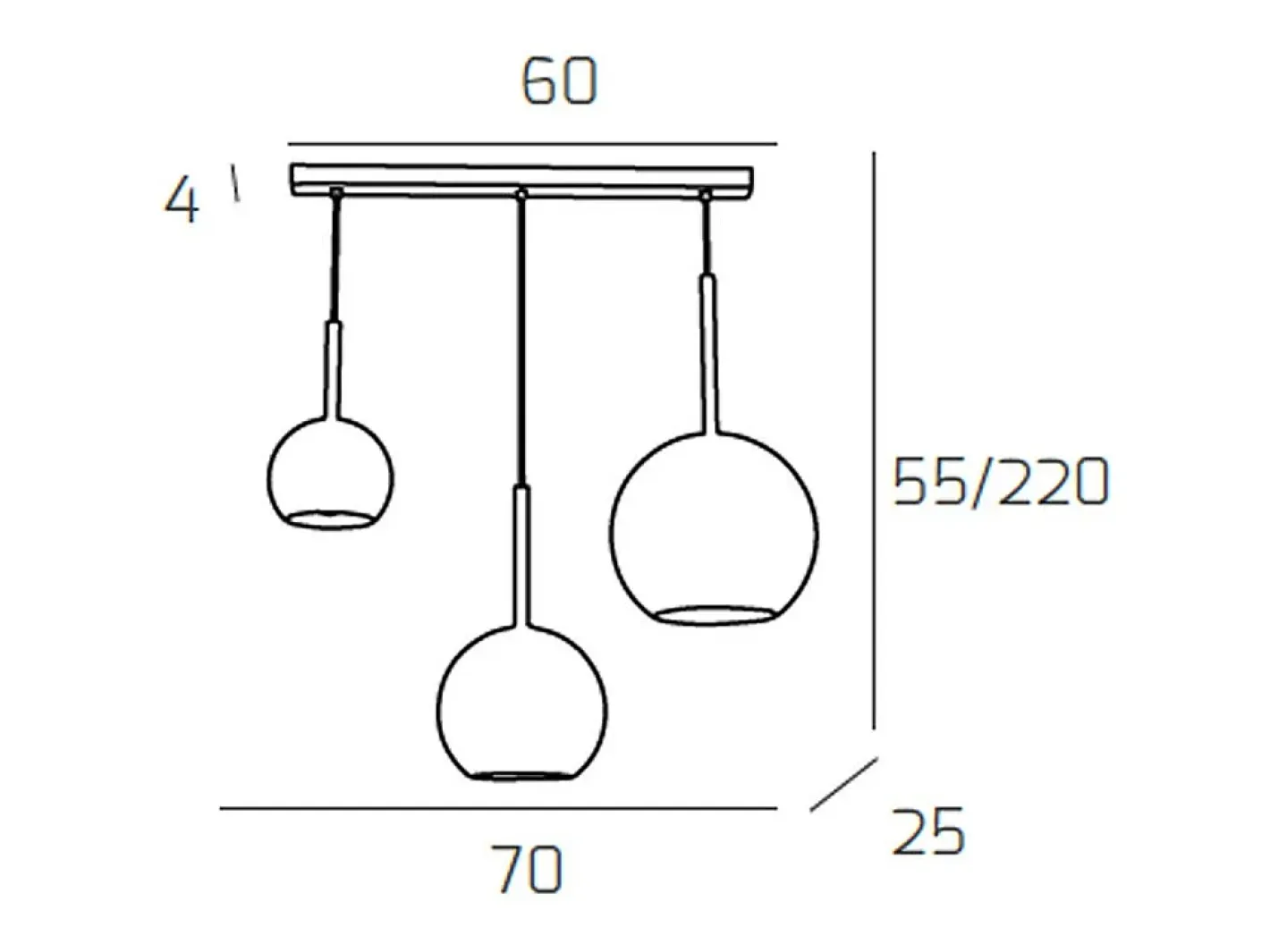 Sosp. Cromo Rettangolare 3 Luci Vetri (1 X Grande+ 1 X Medio+ 1 X Piccolo)Tutti Ambra Plateado Outlet