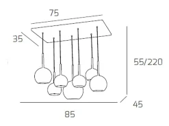 Sosp. Cromo Rettangolare 7 Luci Vetri (1 Grande Cr+1 Medio Am+1 Medio Tr +4 Piccolo 1 X Am+Tr+Ra+Or) Plateado