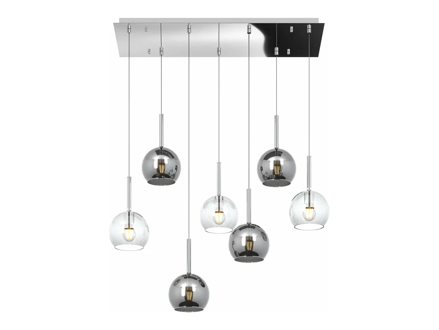 Lámpara Suspendida-Sosp. Cromo Rettangolare 7 Luci Vetri Tutti Piccolo (3X Tr+ 4X Cr) Plateado