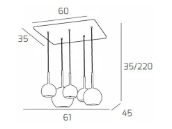 Lámpara Suspendida-Sosp. Cromo Rettangolare 5 Luci Vetri (1 Grande Cr+1 Medio Cr+3 Piccolo (1X Cr+2X Tr)) Plateado