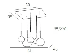 Lámpara Suspendida-Sosp. Cromo Rettangolare 5 Luci Vetri (1 Grande Am+1 Medio Am+3 Piccolo (1X Am+2X Tr)) Plateado