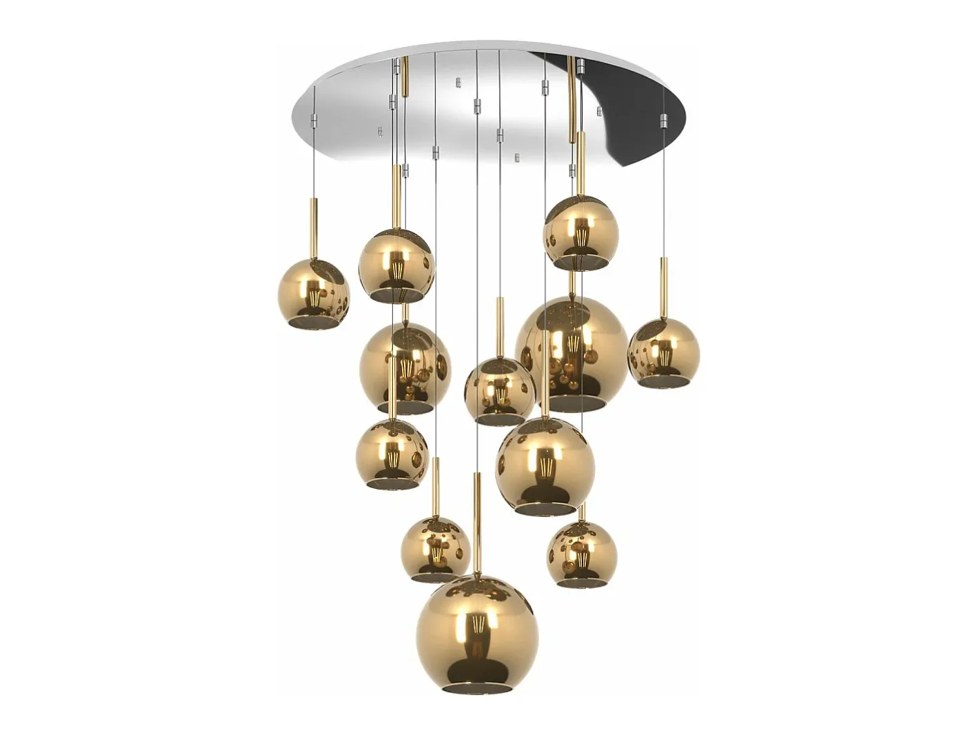 Outlet Sosp. Cromo Tonda 12 Luci Vetri (2 Grande+2 Medio +8 Piccolo) Tutti Oro Dorado