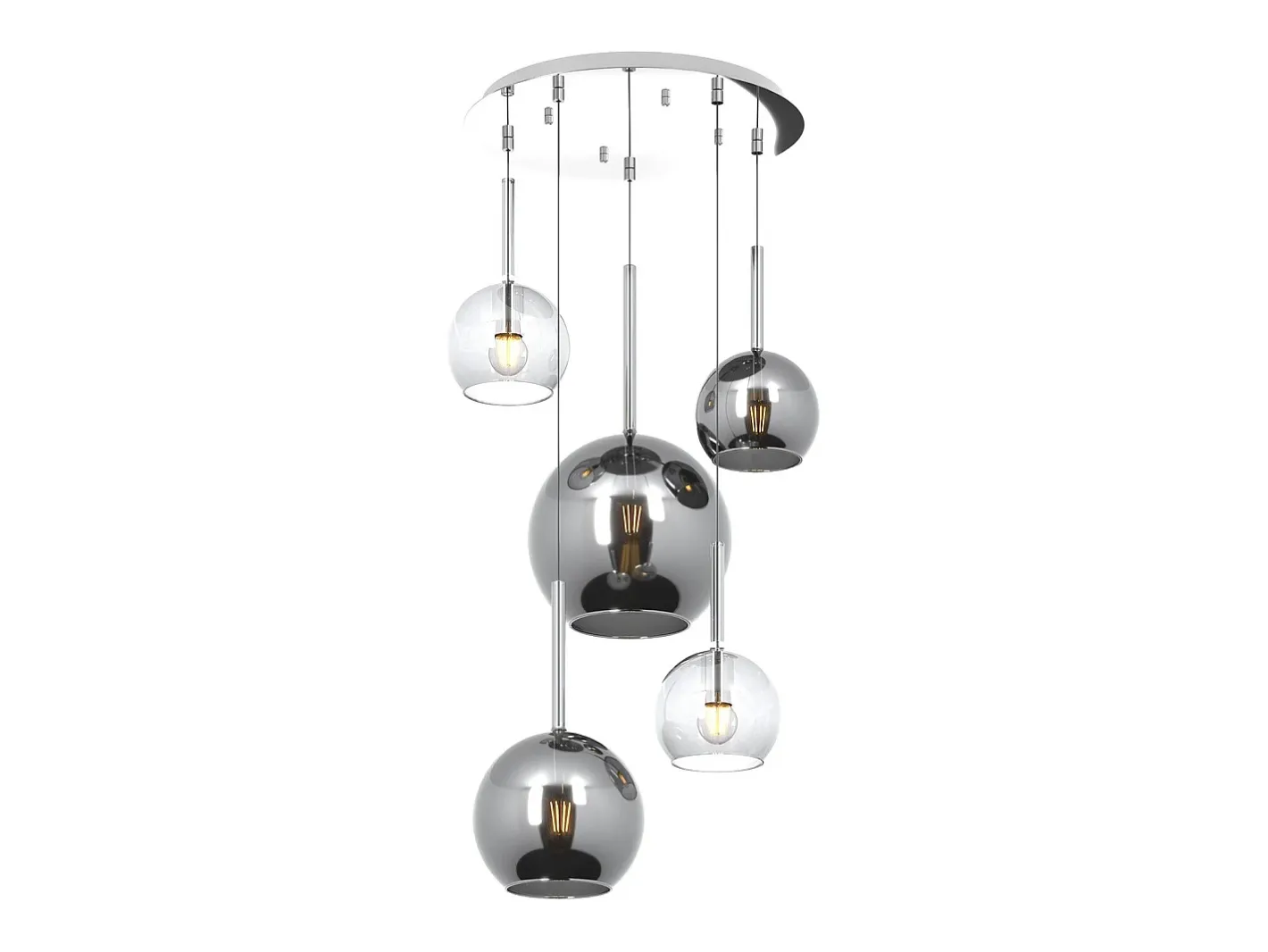 Lámpara Suspendida-Sosp. Cromo Tonda 5 Luci Vetri (1 Grande Cr+1 Medio Cr+3 Piccolo (1X Cr+2X Tr)) Plateado