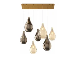 Hot Sosp. Ottone Sat. 7 Luci Rettangolare Vetri (4 Piccoli (2Xam+2Xbr)+3 Medi (1Xam+2Xbr)) Dorado