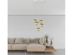 Sospensione Bianco 5 Luci Tonda Vetri Oro Dorado