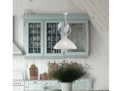 New Sospensione Classica Esse 1 Luce Ferro Battuto E Vetro Bianco E Argento Blanco