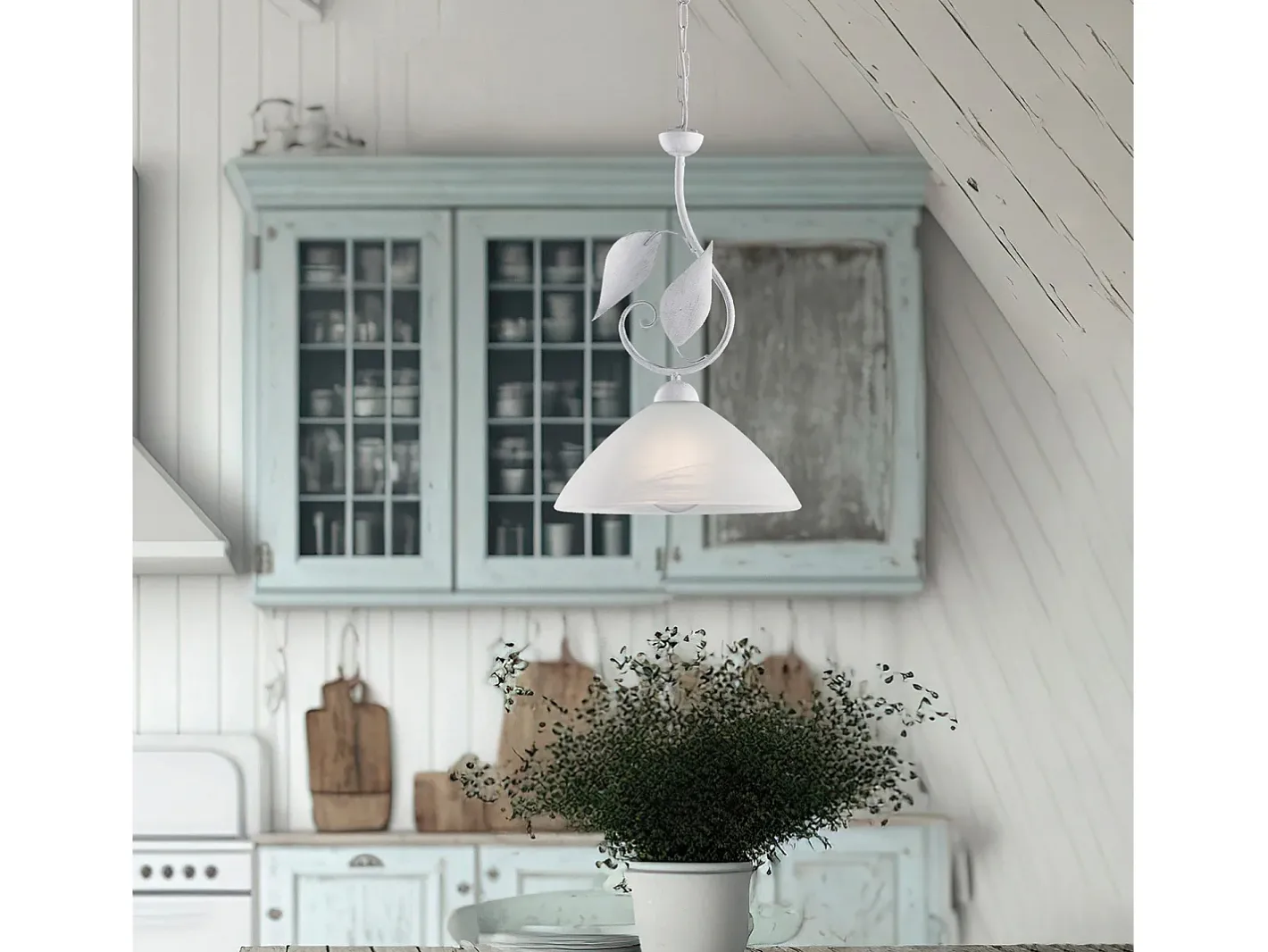 New Sospensione Classica Esse 1 Luce Ferro Battuto E Vetro Bianco E Argento Blanco