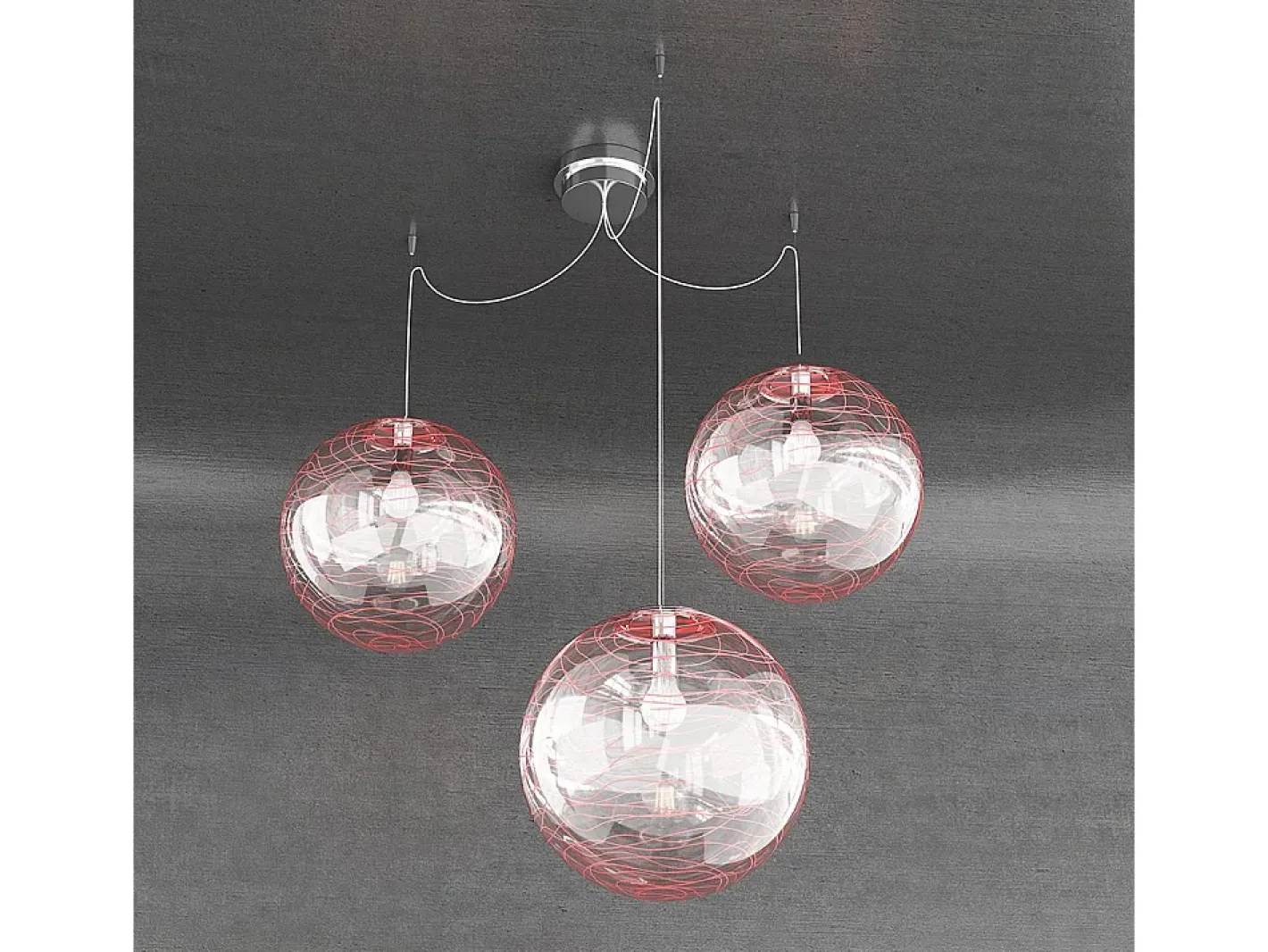 Outlet Sospensione Contemporanea Moon Metallo Cromo Vetro Rosso 3 Luci E27 D.30Cm Plateado