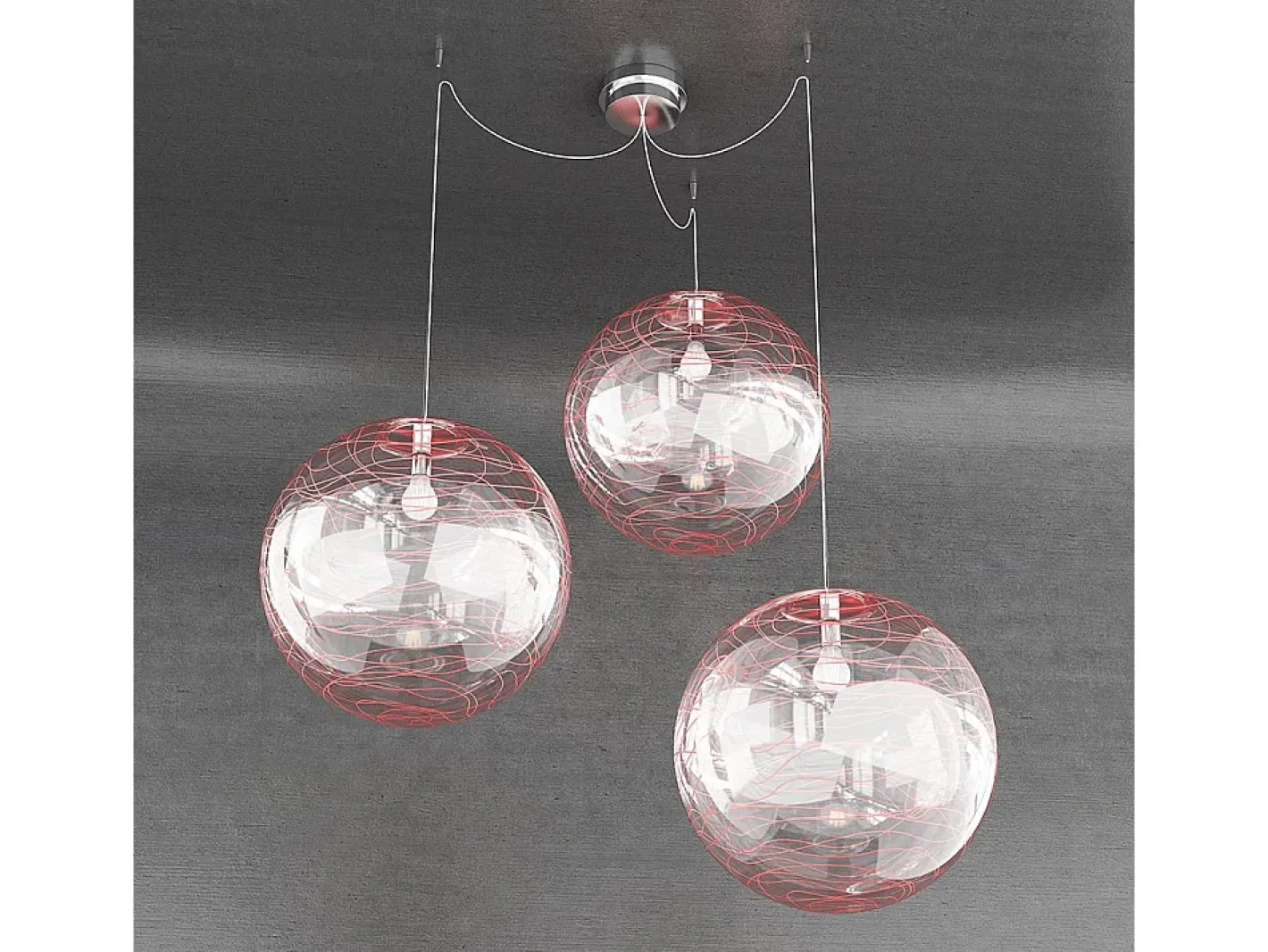 Sospensione Contemporanea Moon Metallo Cromo Vetro Rosso 3 Luci E27 D.40Cm Plateado